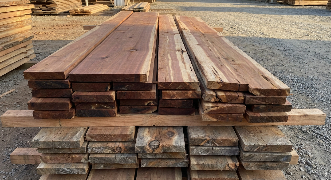 Stacked redwood lumber boards showing varying grades at Albion Lumber